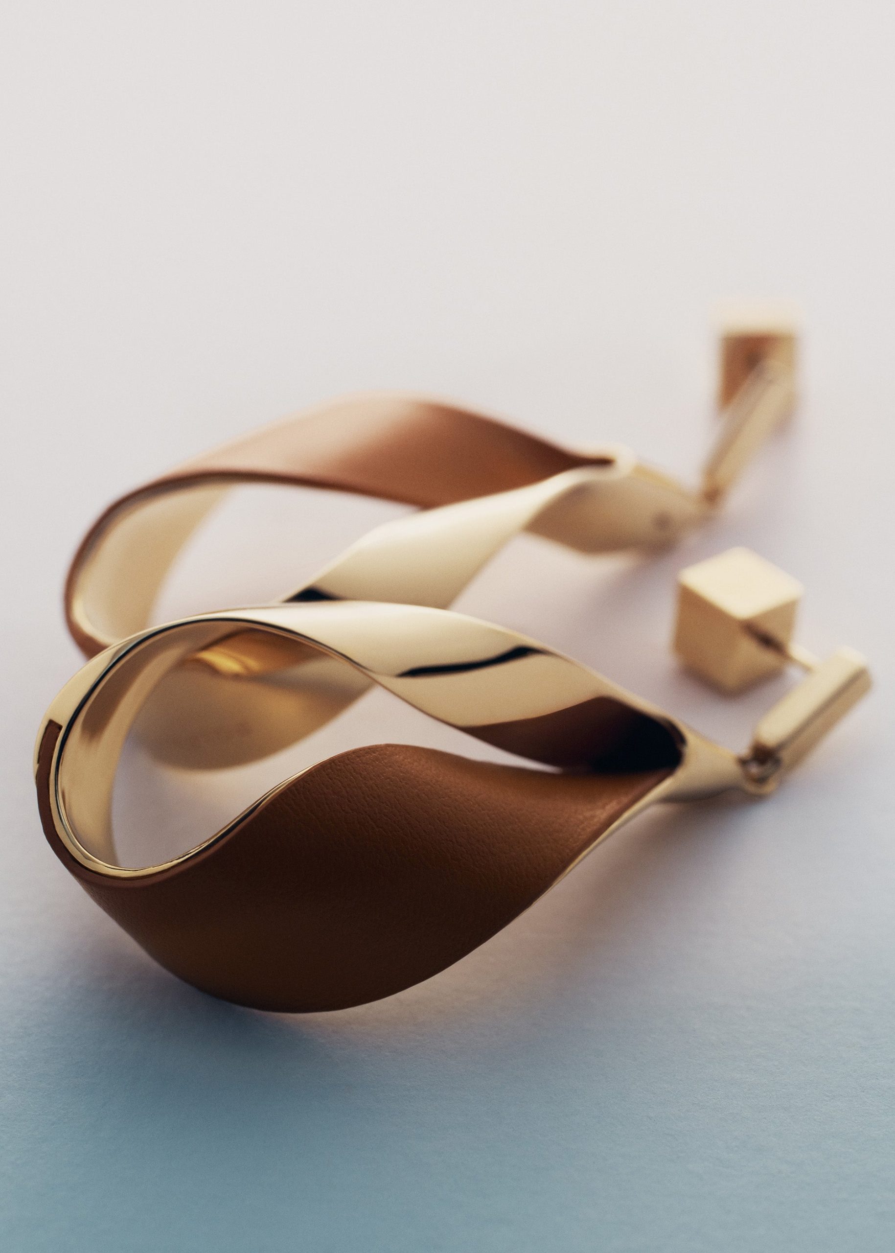 Ormé Pendant Earrings - Gold Gilded with Camel Leather - Image 2