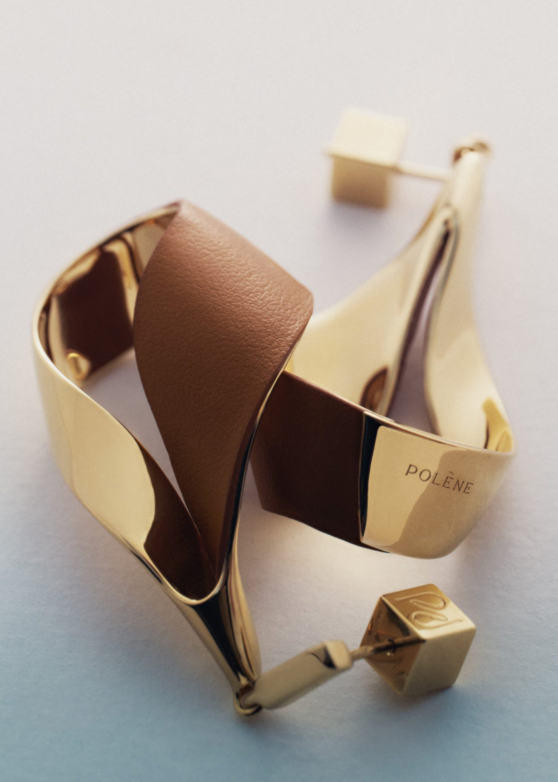 Ormé Pendant Earrings - Gold Gilded with Camel Leather - Image 3